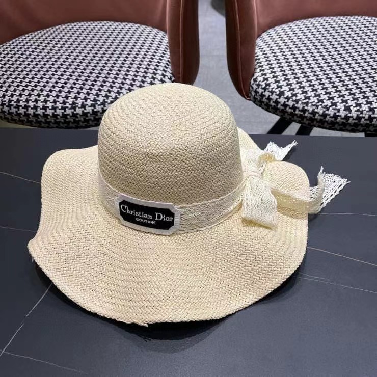 迪奥Dior边出游度假夏天遮阳防晒大檐草帽蝴蝶结太阳帽手编帽子