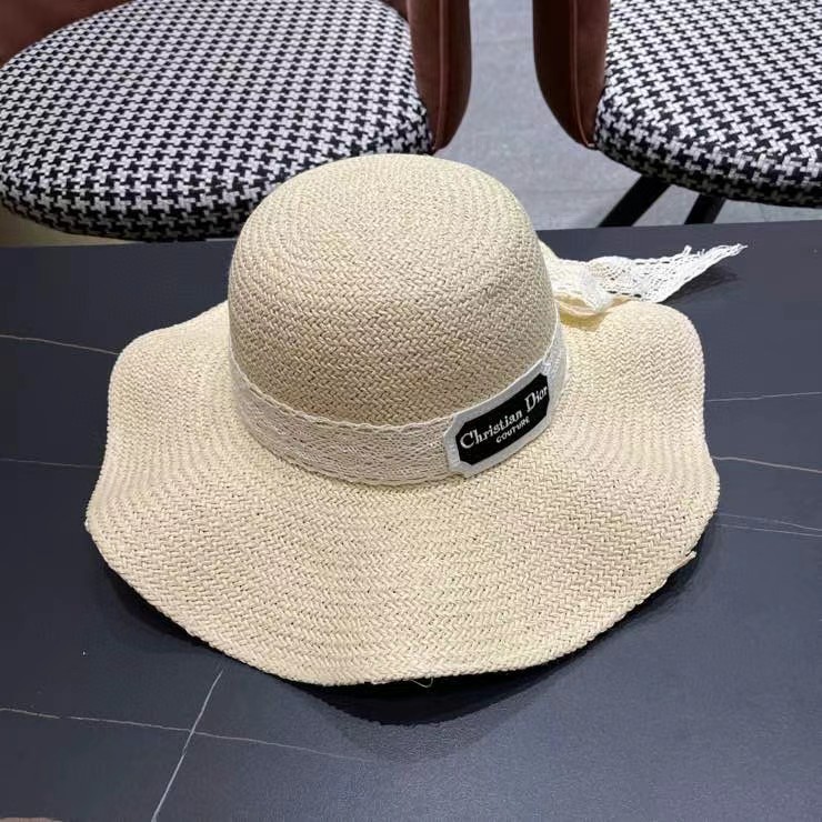 迪奥Dior边出游度假夏天遮阳防晒大檐草帽蝴蝶结太阳帽手编帽子