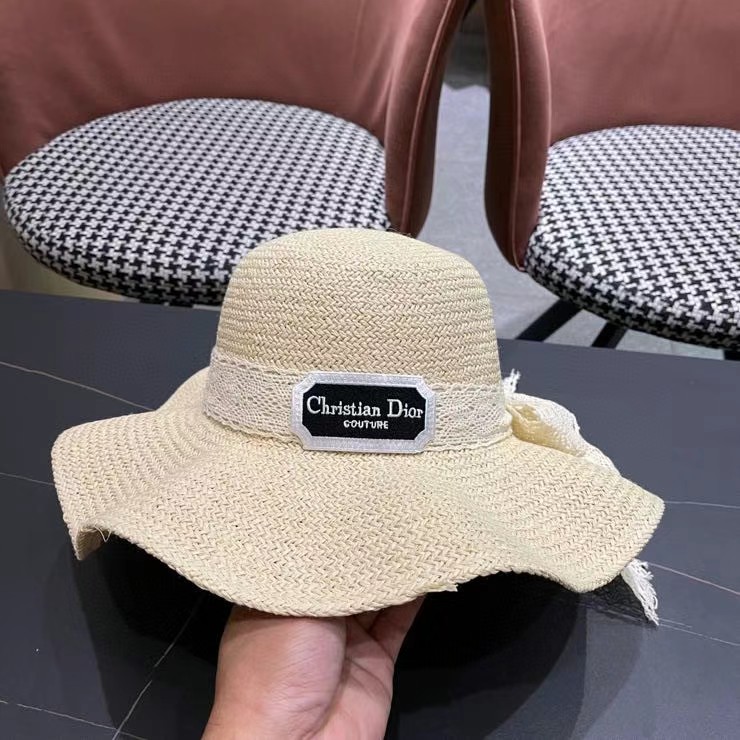 迪奥Dior边出游度假夏天遮阳防晒大檐草帽蝴蝶结太阳帽手编帽子
