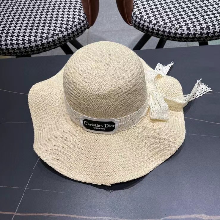 迪奥Dior边出游度假夏天遮阳防晒大檐草帽蝴蝶结太阳帽手编帽子