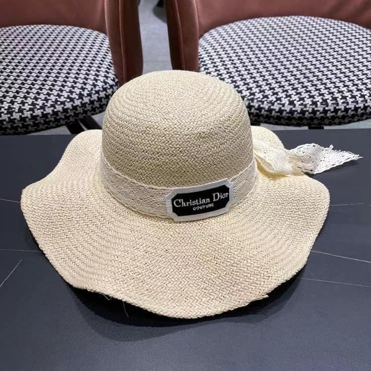 迪奥Dior边出游度假夏天遮阳防晒大檐草帽蝴蝶结太阳帽手编帽子