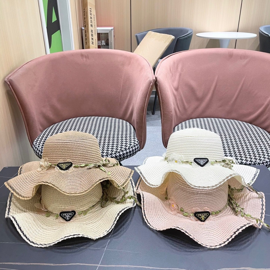 普拉达Prada 草帽女夏季新款蝴蝶结大帽檐遮阳防晒太阳帽海边度假风沙滩帽