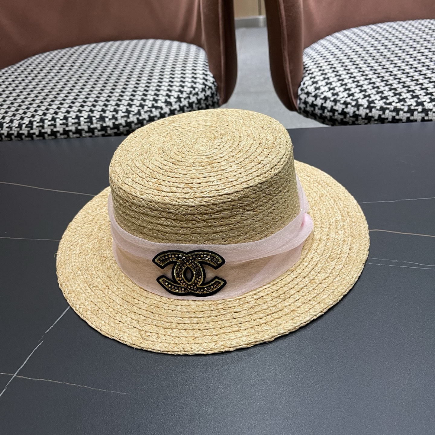 香奈儿CHANEL『100％拉菲草』手工编织平顶草帽子女新款夏防晒优雅礼帽