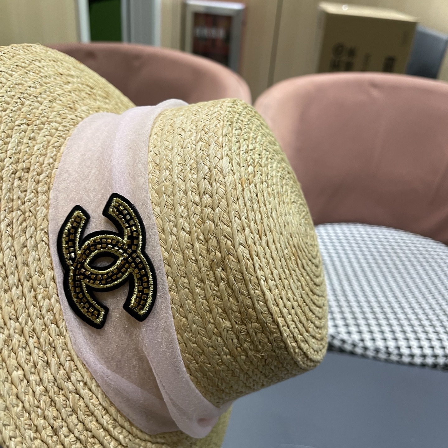 香奈儿CHANEL『100％拉菲草』手工编织平顶草帽子女新款夏防晒优雅礼帽