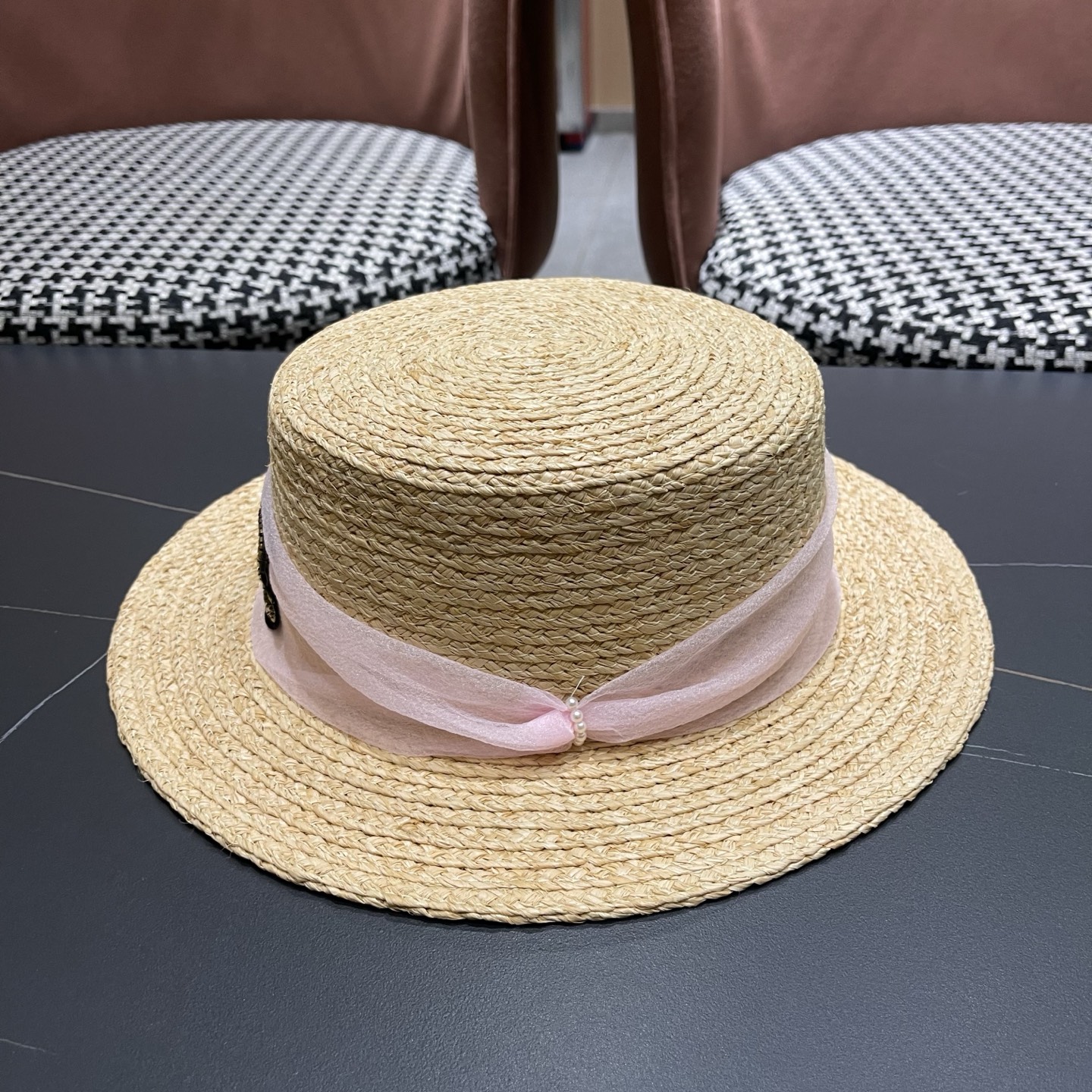 香奈儿CHANEL『100％拉菲草』手工编织平顶草帽子女新款夏防晒优雅礼帽