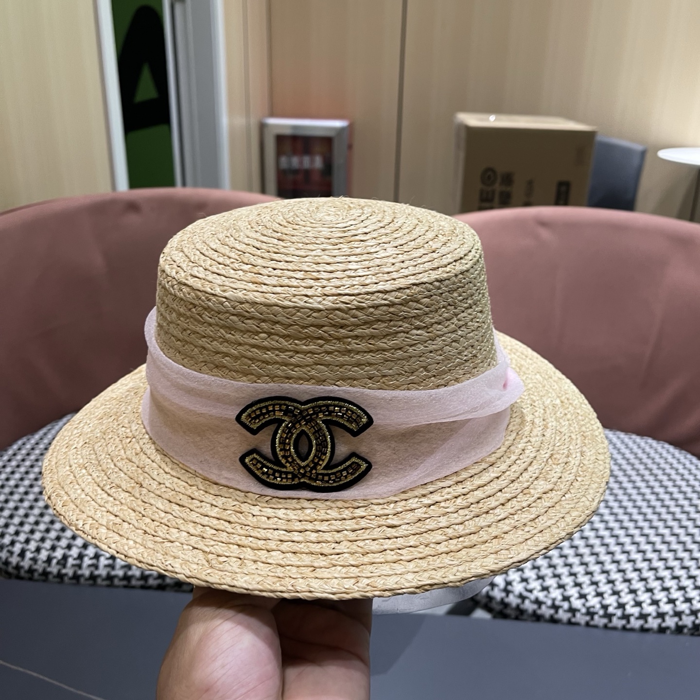 香奈儿CHANEL『100％拉菲草』手工编织平顶草帽子女新款夏防晒优雅礼帽