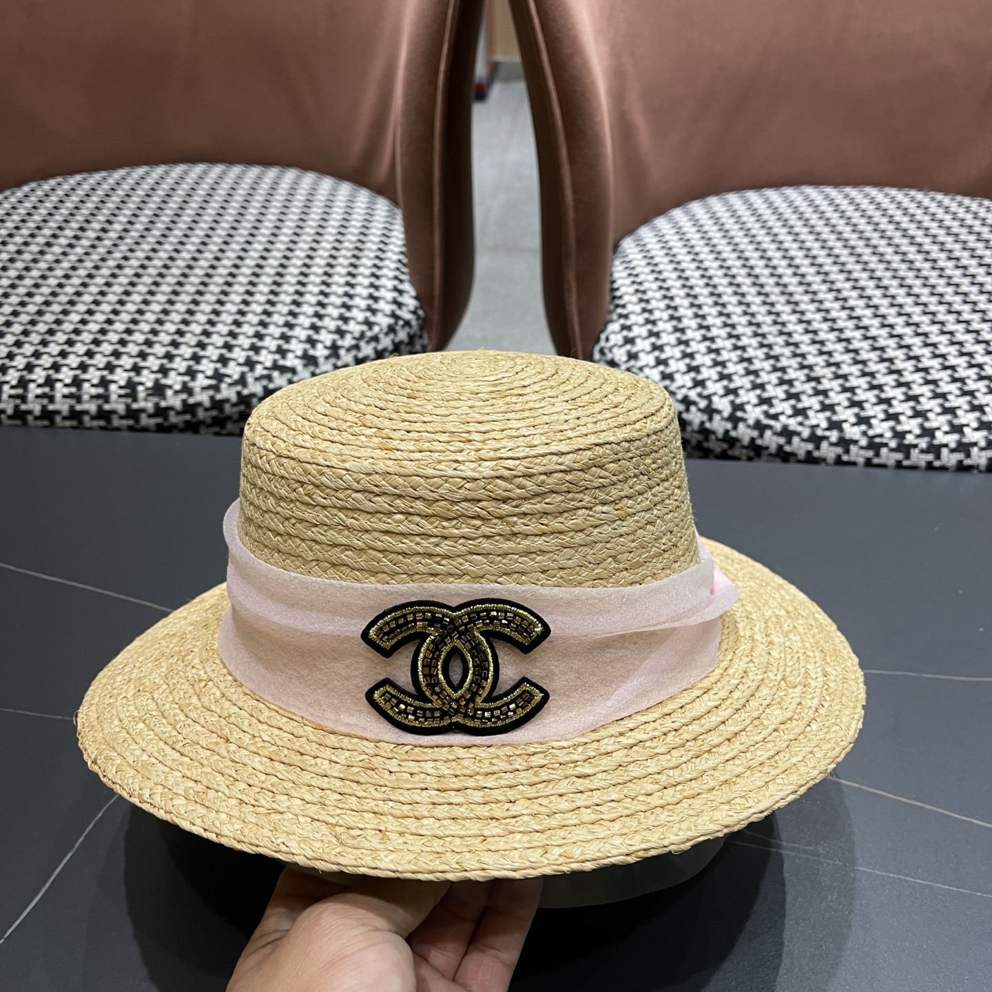 香奈儿CHANEL『100％拉菲草』手工编织平顶草帽子女新款夏防晒优雅礼帽