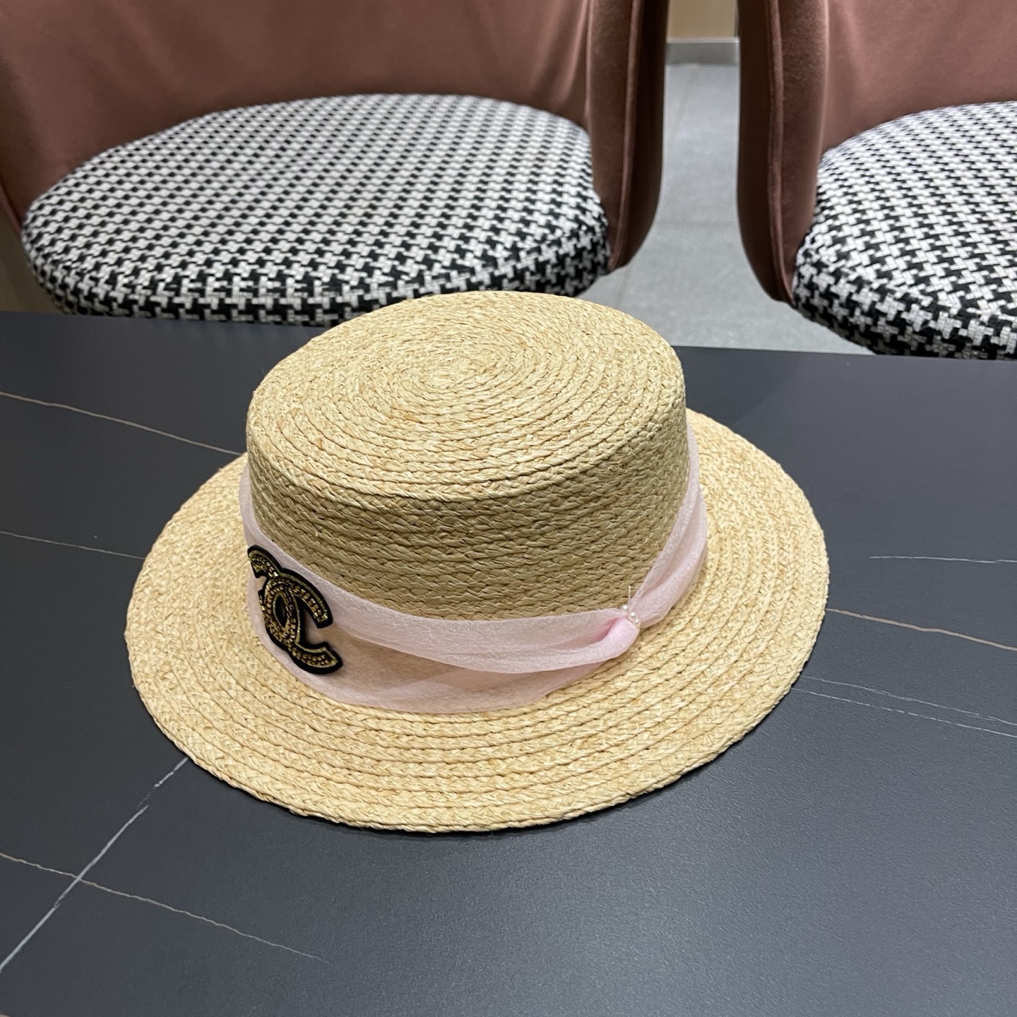 香奈儿CHANEL『100％拉菲草』手工编织平顶草帽子女新款夏防晒优雅礼帽