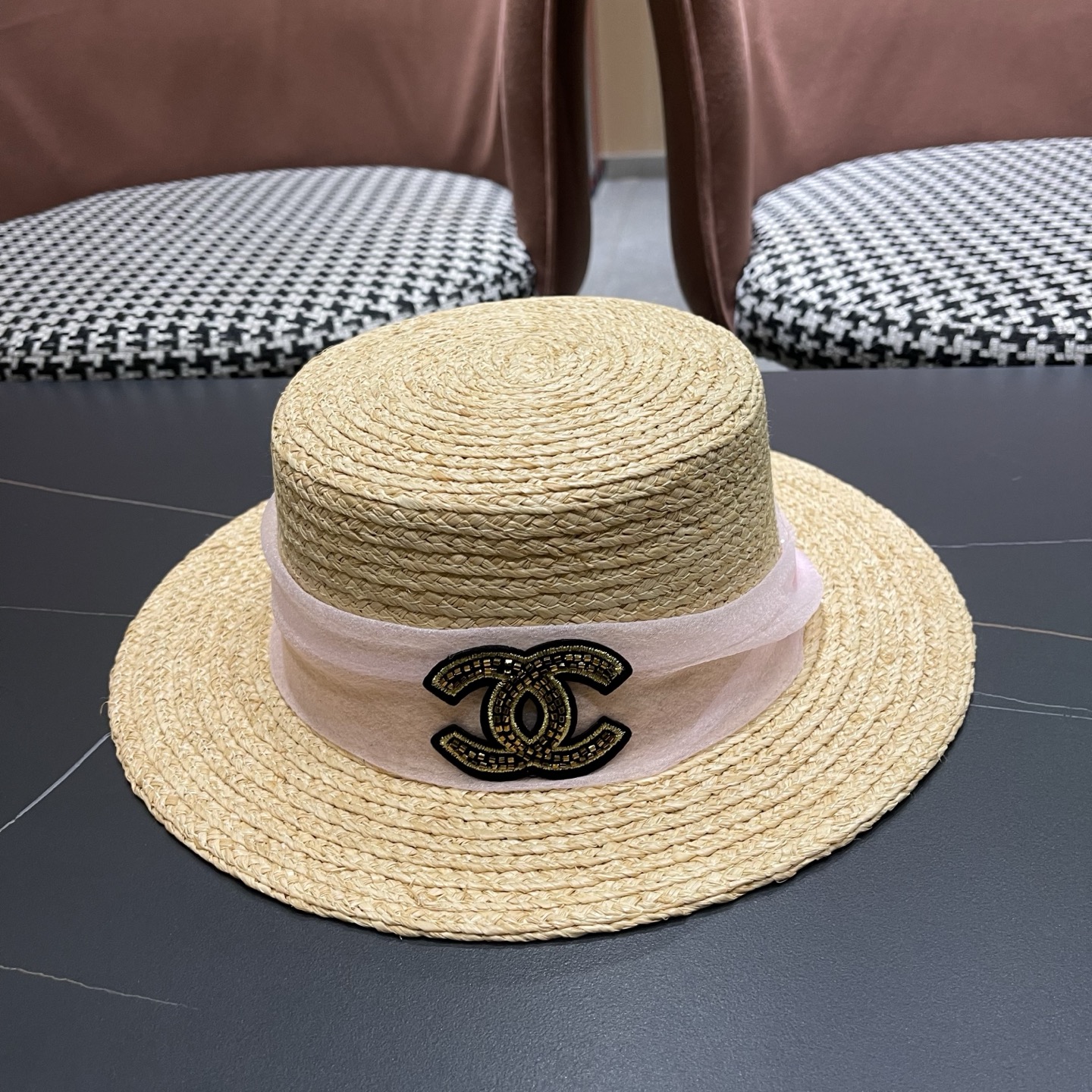 香奈儿CHANEL『100％拉菲草』手工编织平顶草帽子女新款夏防晒优雅礼帽