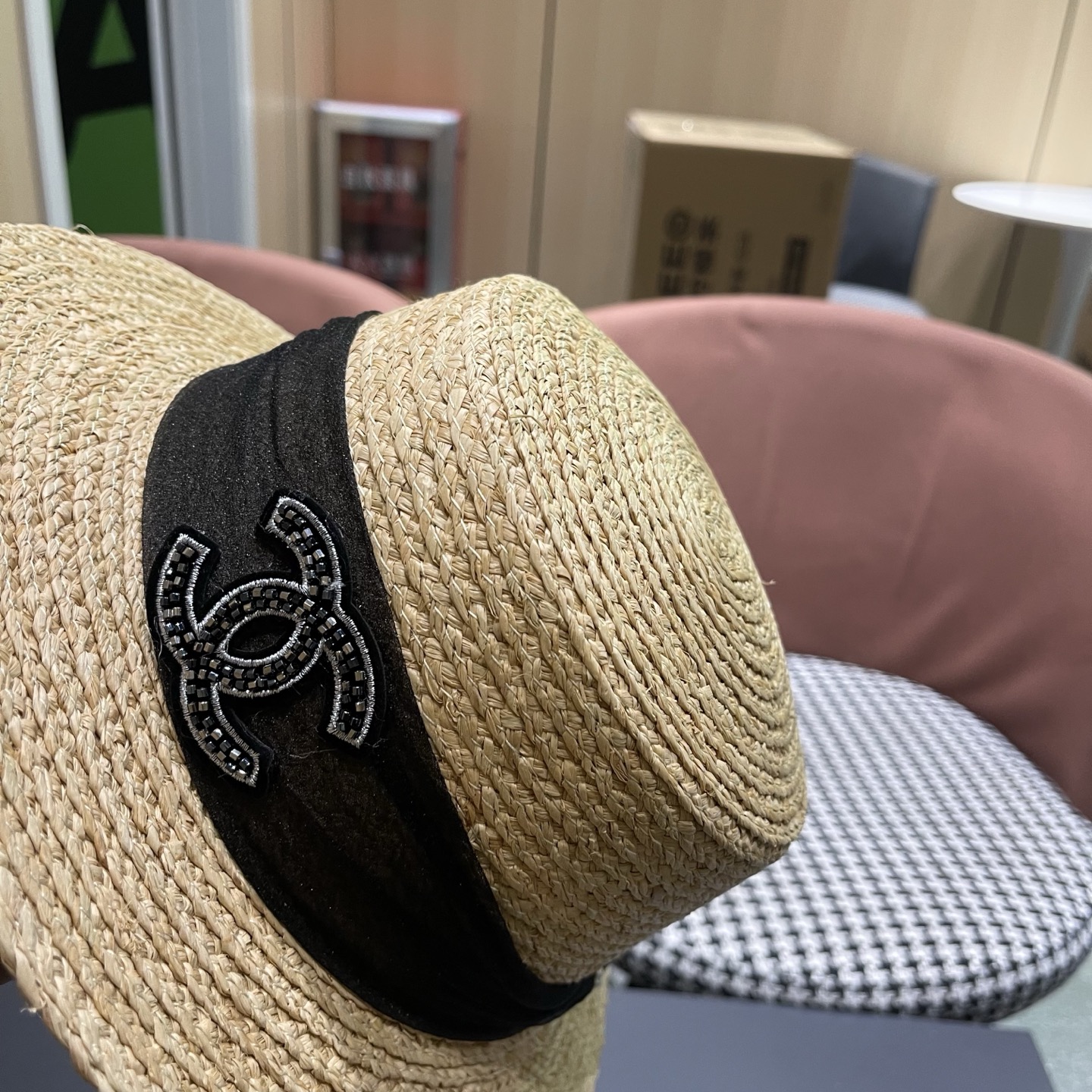 香奈儿CHANEL『100％拉菲草』手工编织平顶草帽子女新款夏防晒优雅礼帽