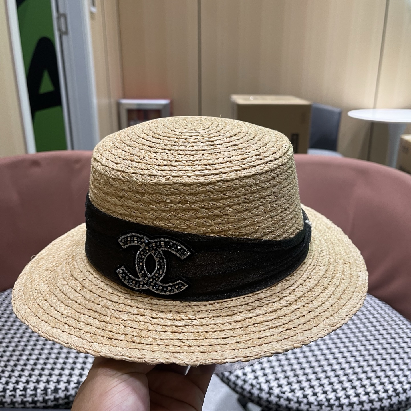 香奈儿CHANEL『100％拉菲草』手工编织平顶草帽子女新款夏防晒优雅礼帽