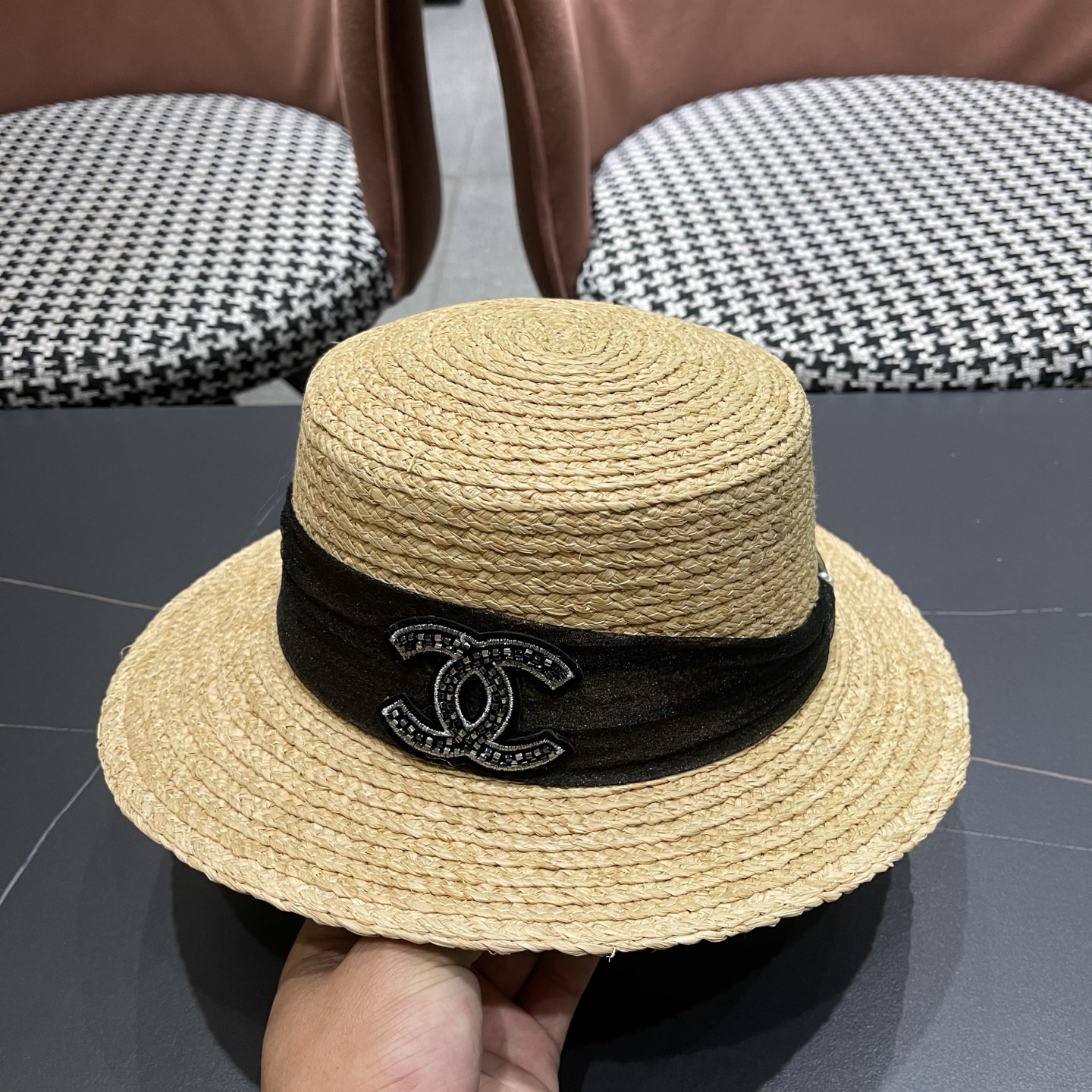 香奈儿CHANEL『100％拉菲草』手工编织平顶草帽子女新款夏防晒优雅礼帽