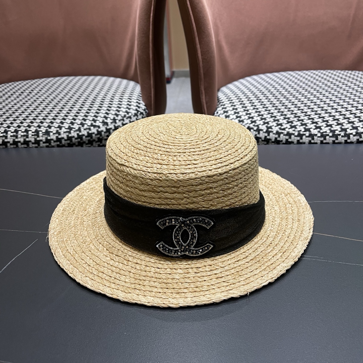 香奈儿CHANEL『100％拉菲草』手工编织平顶草帽子女新款夏防晒优雅礼帽