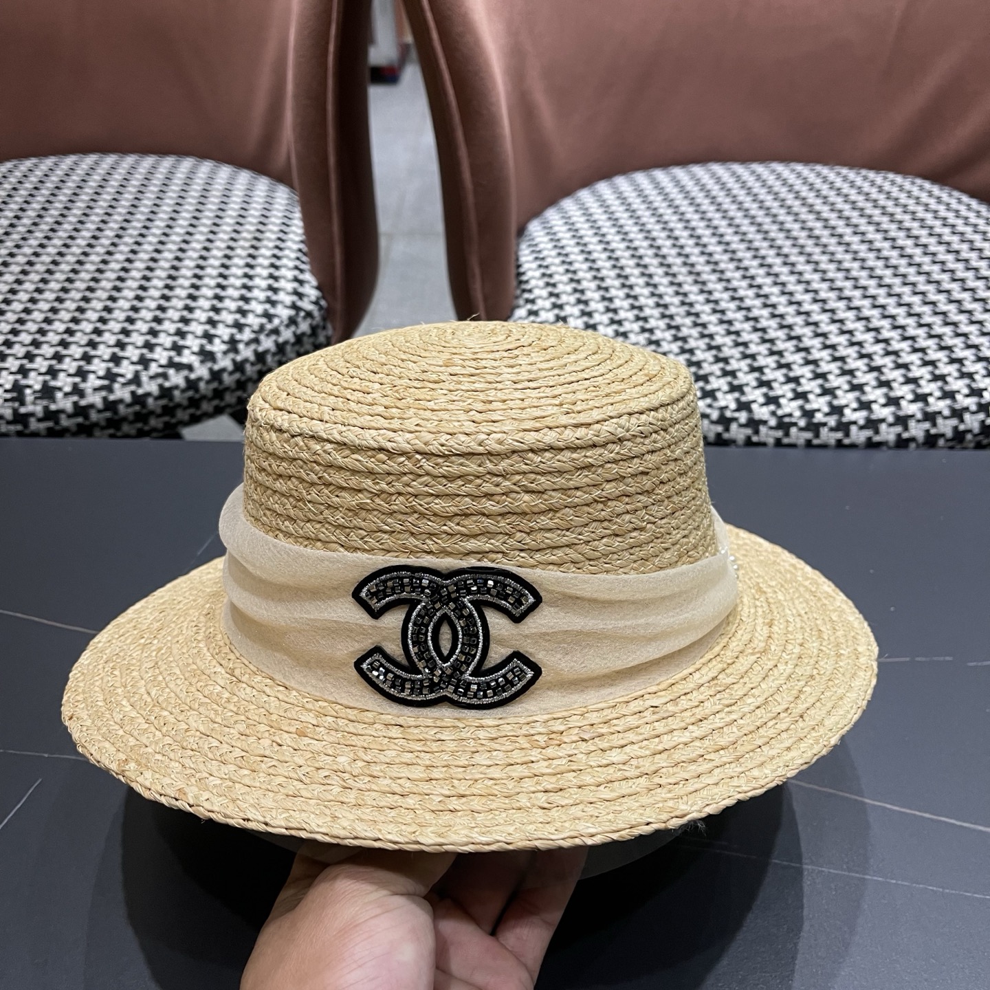 香奈儿CHANEL『100％拉菲草』手工编织平顶草帽子女新款夏防晒优雅礼帽