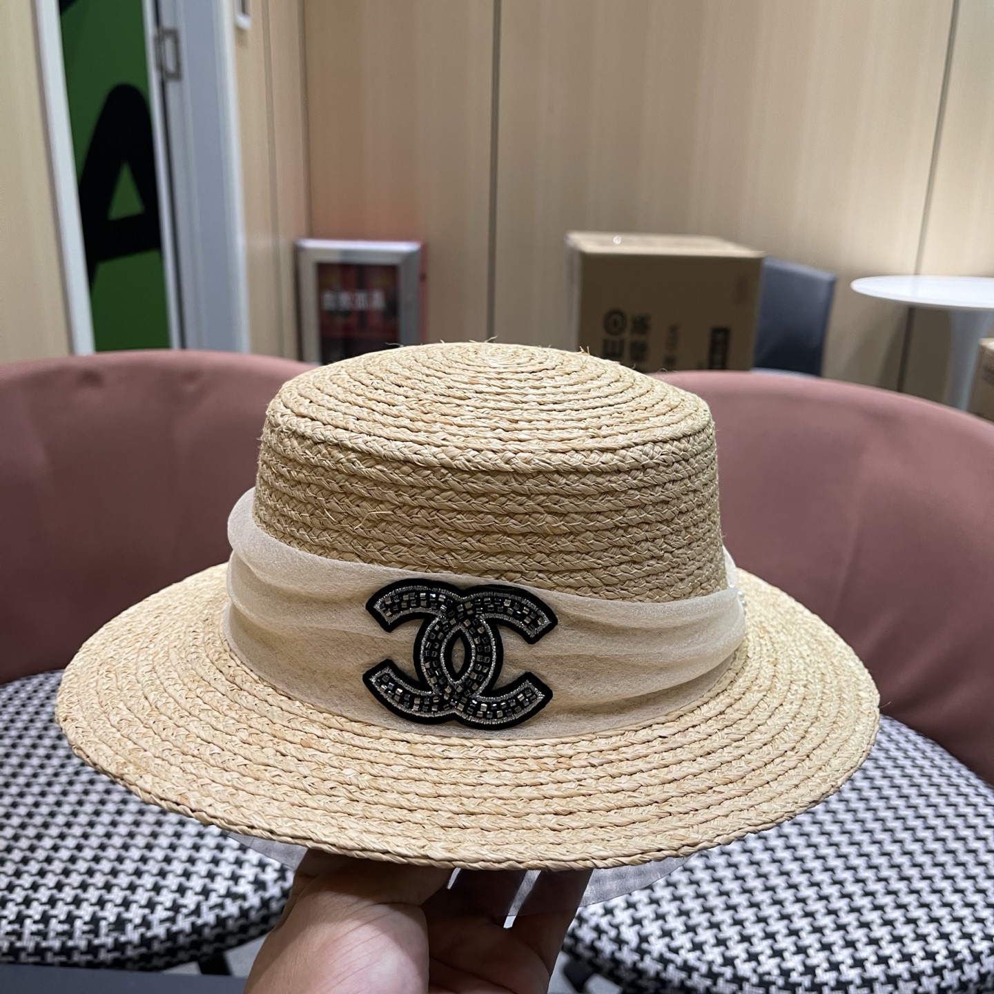 香奈儿CHANEL『100％拉菲草』手工编织平顶草帽子女新款夏防晒优雅礼帽