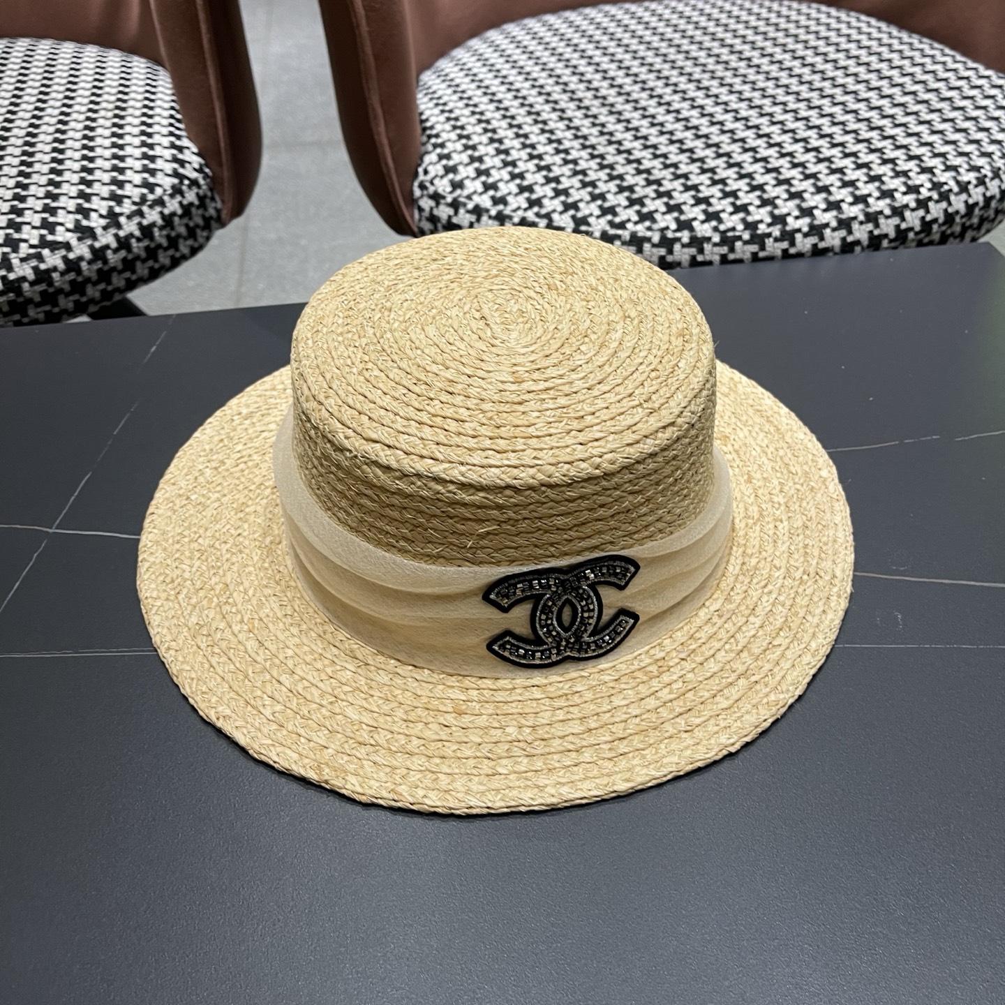 香奈儿CHANEL『100％拉菲草』手工编织平顶草帽子女新款夏防晒优雅礼帽