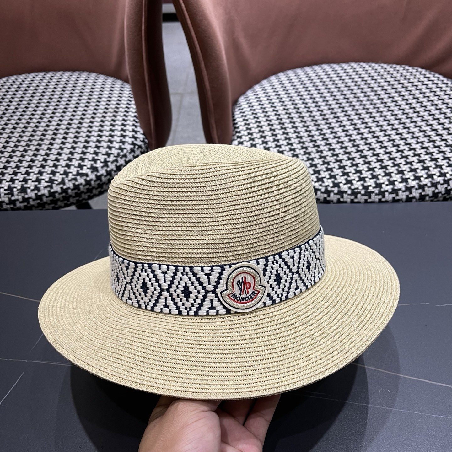 MONCLER（蒙口）草帽法式复古波西米亚风夏季遮阳防晒帽子宽沿男女名族风爵士礼帽