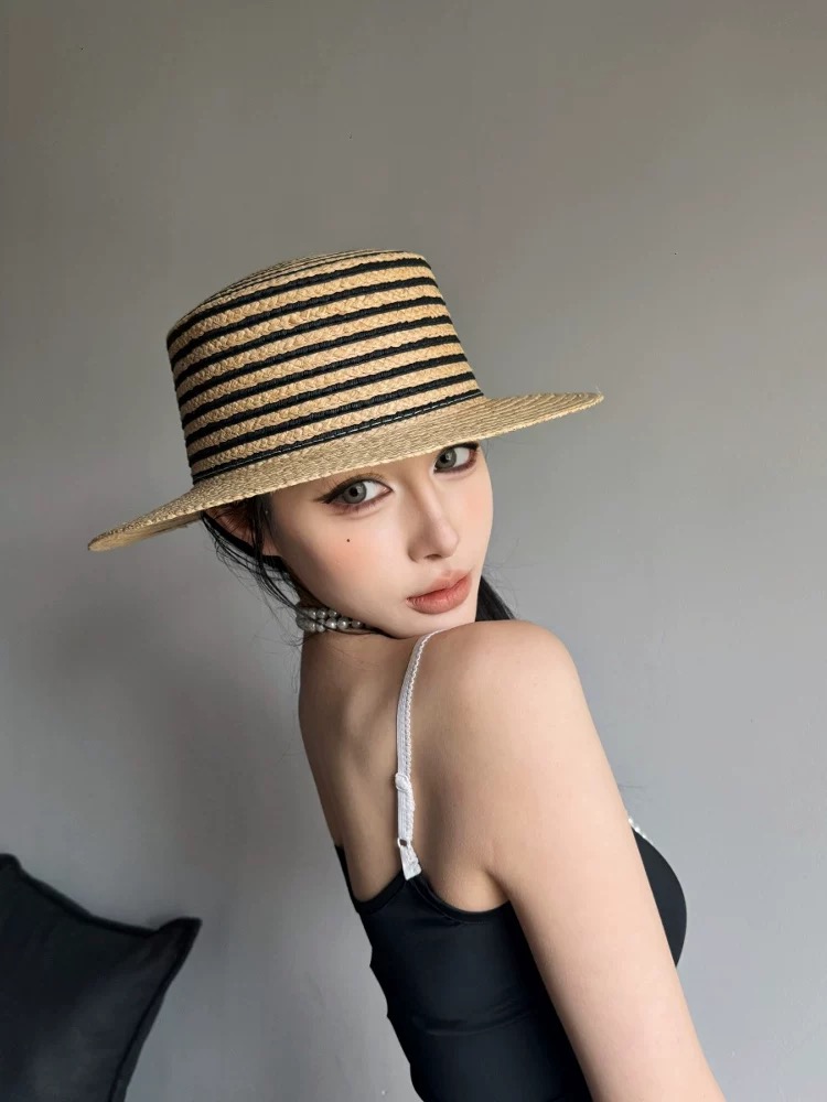 CHANEL香奈儿 春夏新款法式黑白条纹拉菲草帽平顶遮阳帽防晒沙滩帽复古女士礼帽