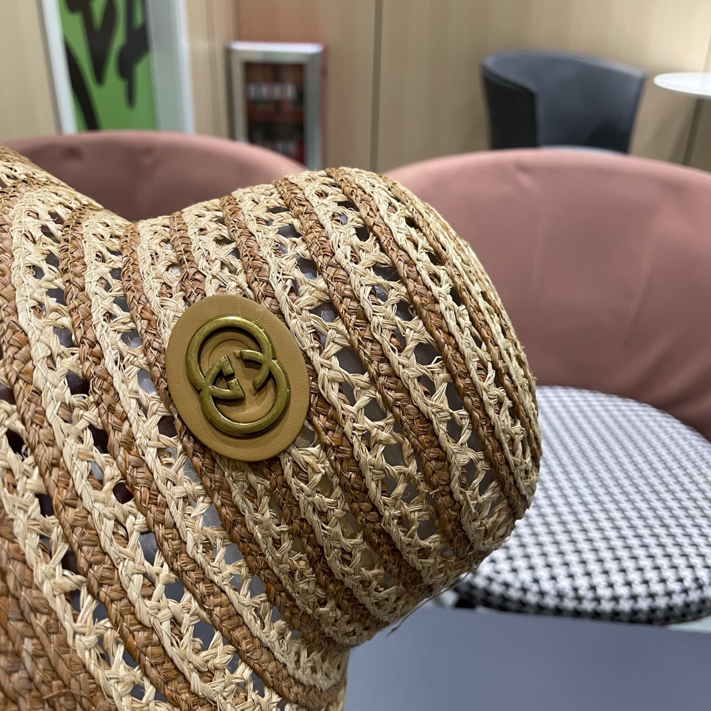 GUCCI 古驰法式夏季出游拉菲草盆帽海边度假草编帽子镂空气质百搭草帽大帽檐
