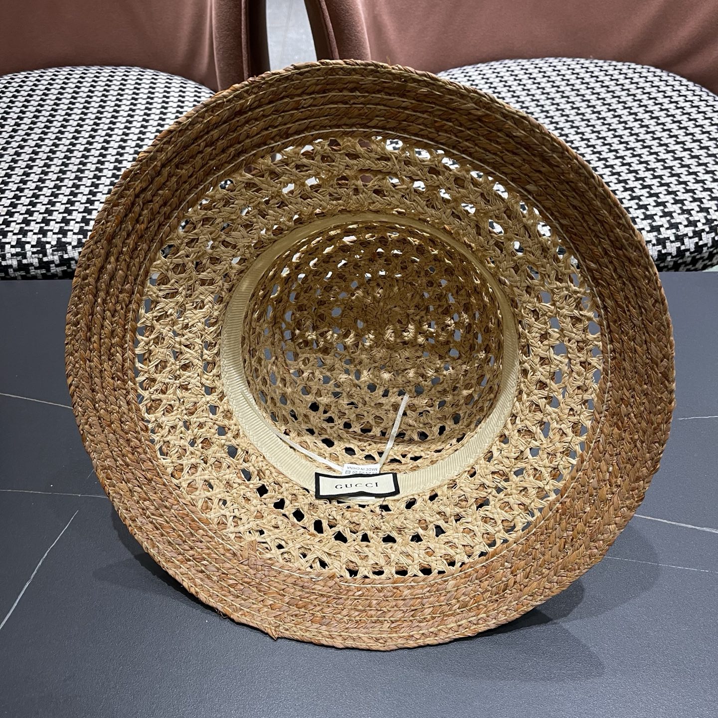 GUCCI 古驰法式夏季出游拉菲草盆帽海边度假草编帽子镂空气质百搭草帽大帽檐