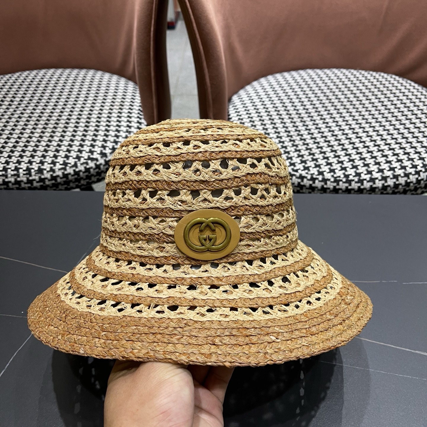 GUCCI 古驰法式夏季出游拉菲草盆帽海边度假草编帽子镂空气质百搭草帽大帽檐