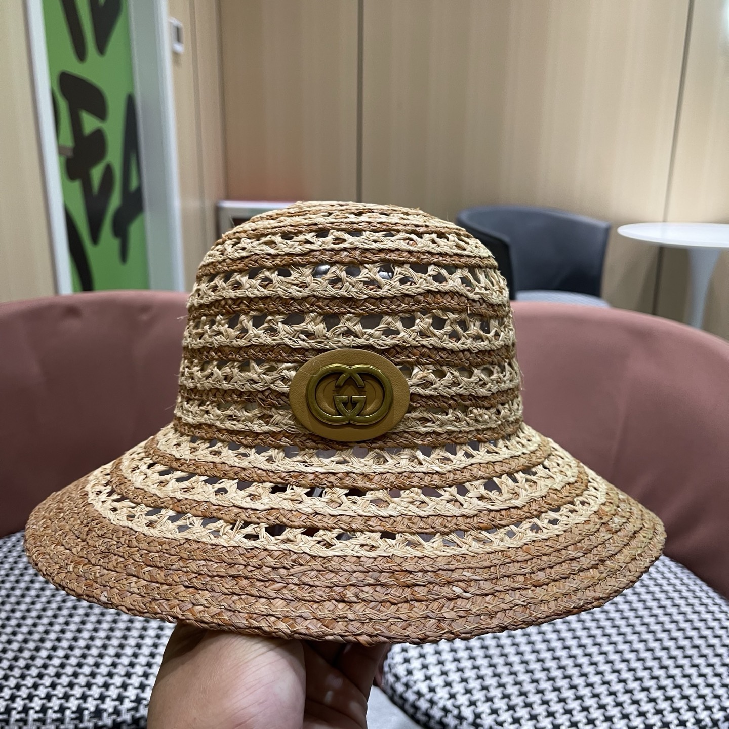 GUCCI 古驰法式夏季出游拉菲草盆帽海边度假草编帽子镂空气质百搭草帽大帽檐
