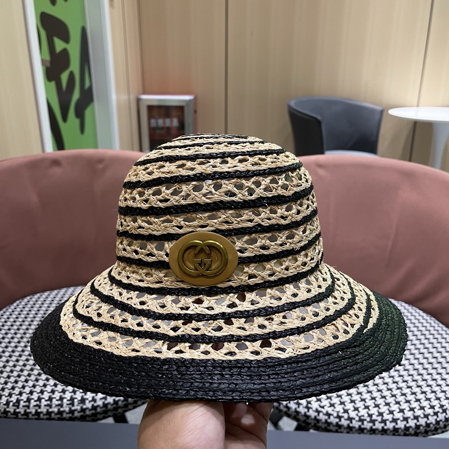 GUCCI 古驰法式夏季出游拉菲草盆帽海边度假草编帽子镂空气质百搭草帽大帽檐