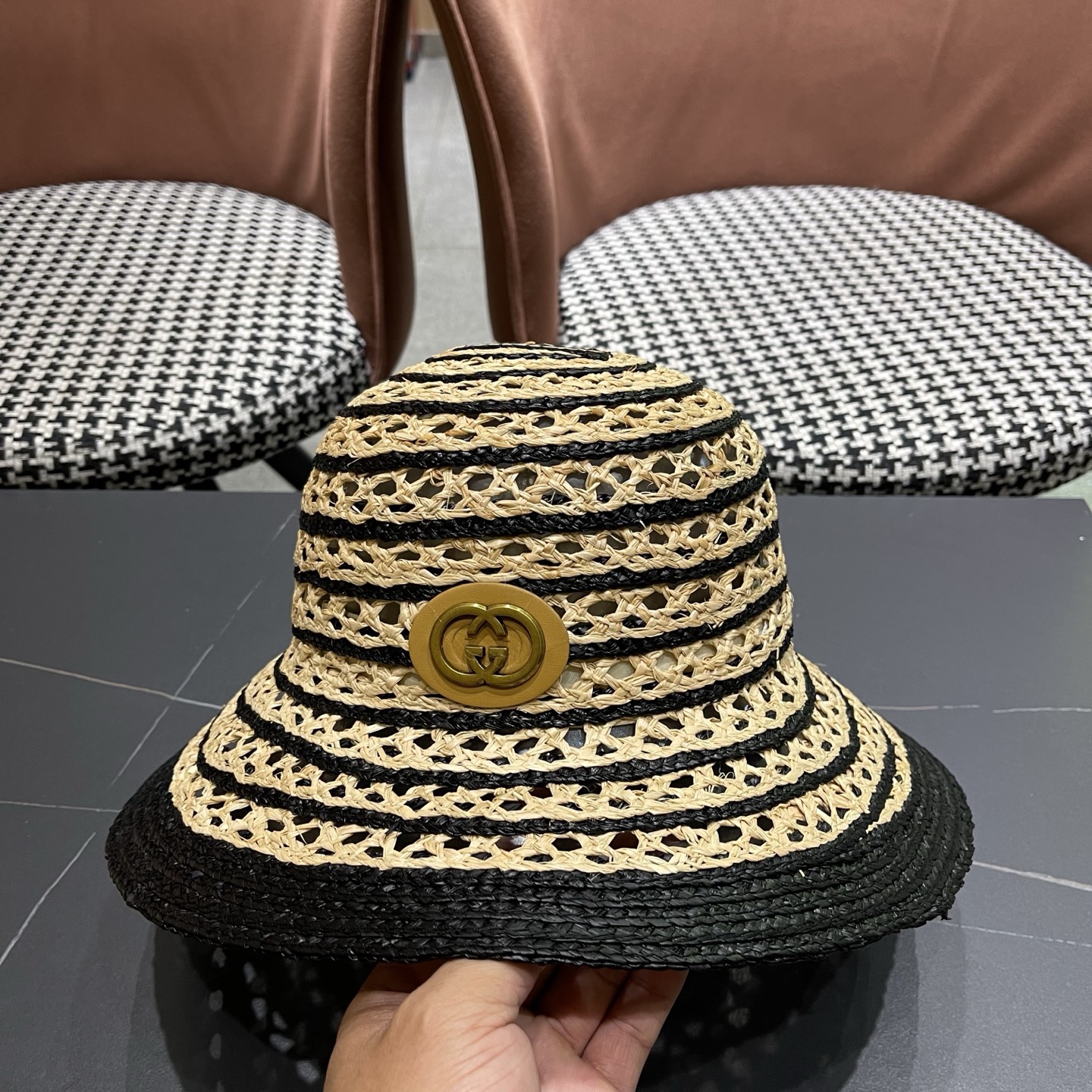 GUCCI 古驰法式夏季出游拉菲草盆帽海边度假草编帽子镂空气质百搭草帽大帽檐
