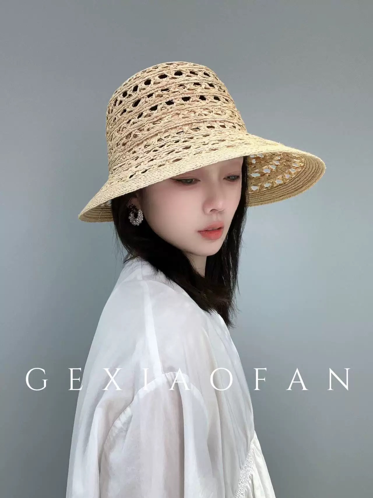 GUCCI 古驰法式夏季出游拉菲草盆帽海边度假草编帽子镂空气质百搭草帽大帽檐