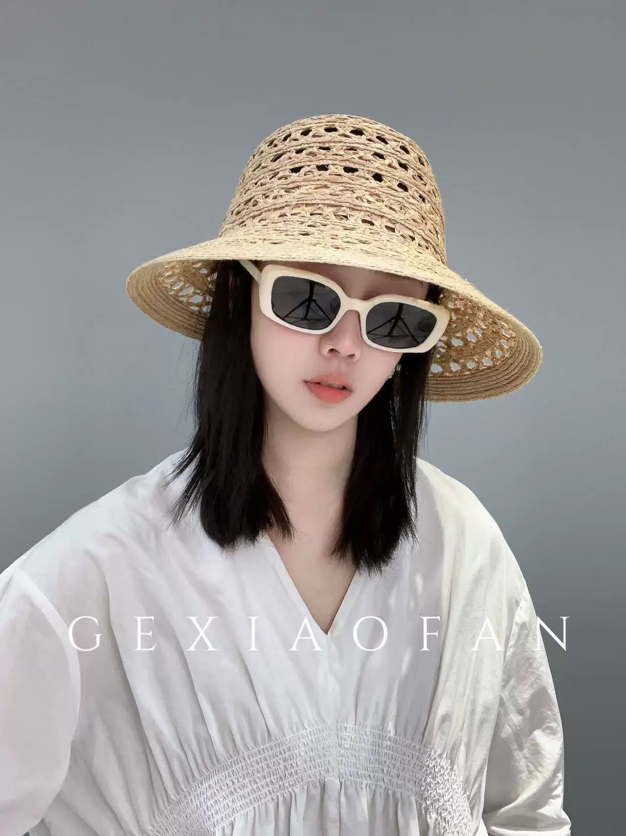 GUCCI 古驰法式夏季出游拉菲草盆帽海边度假草编帽子镂空气质百搭草帽大帽檐
