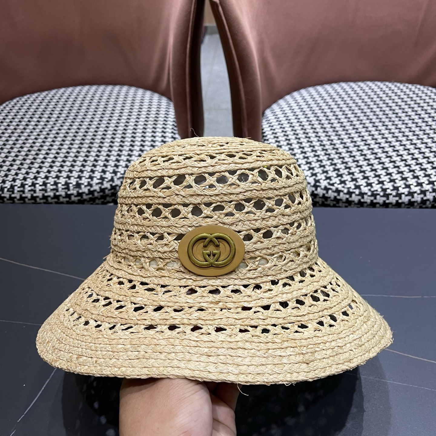 GUCCI 古驰法式夏季出游拉菲草盆帽海边度假草编帽子镂空气质百搭草帽大帽檐