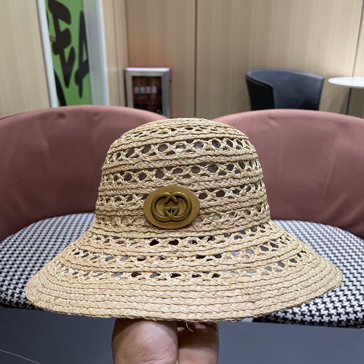 GUCCI 古驰法式夏季出游拉菲草盆帽海边度假草编帽子镂空气质百搭草帽大帽檐