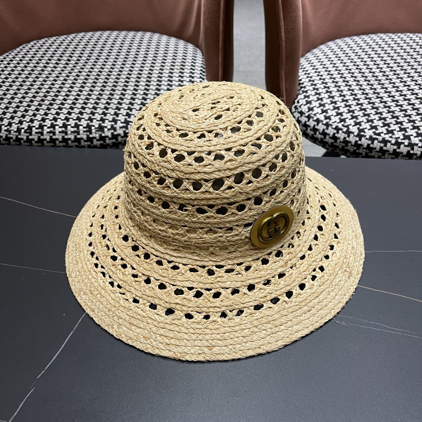 GUCCI 古驰法式夏季出游拉菲草盆帽海边度假草编帽子镂空气质百搭草帽大帽檐