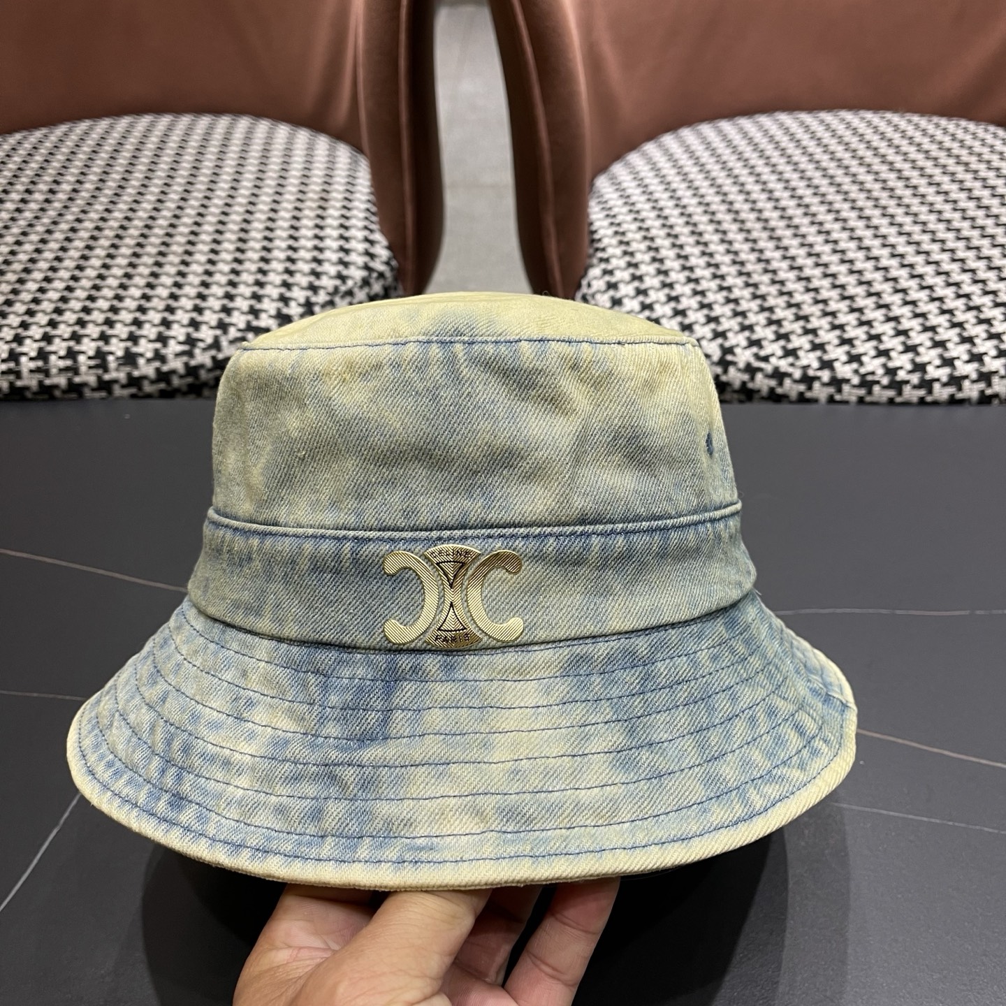 Celine赛琳新款水洗复古牛仔渔夫帽，头围57cm
