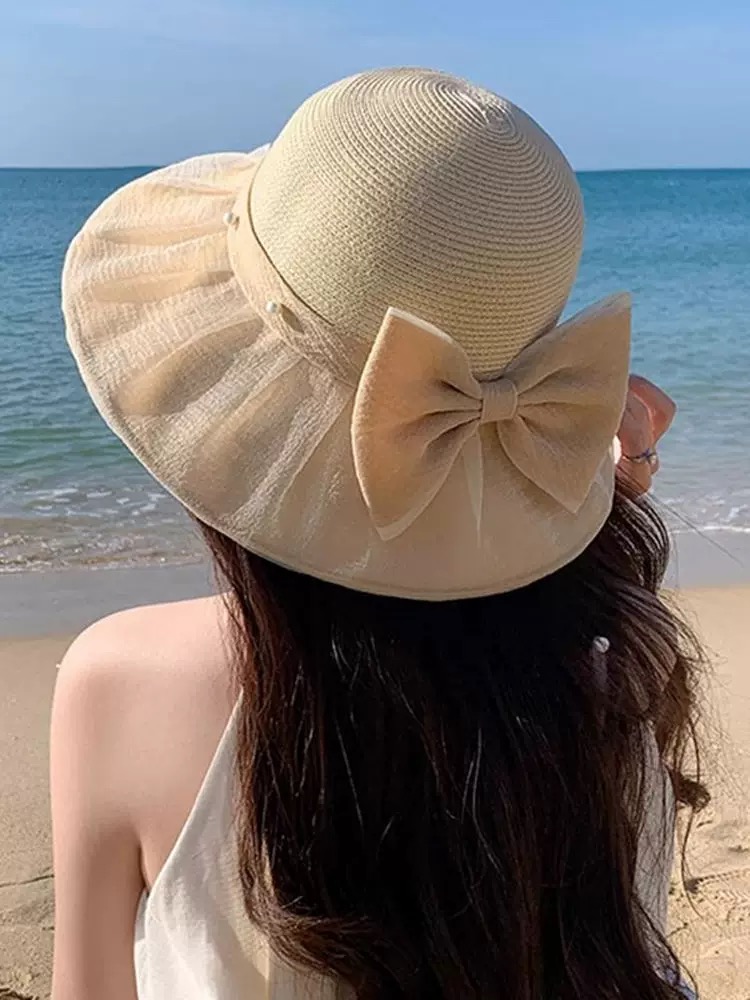 普拉达PRADA 2026早春新款防晒休闲度假遮阳帽子女珍珠蝴蝶结草编渔夫帽显脸小