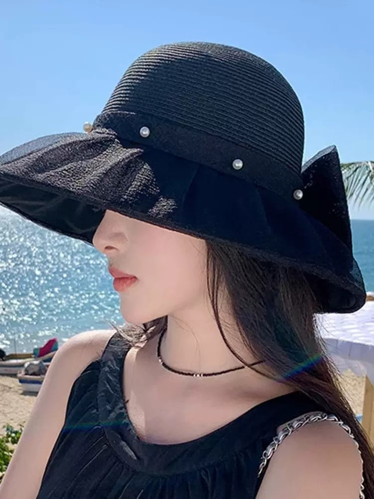 普拉达PRADA 2026早春新款防晒休闲度假遮阳帽子女珍珠蝴蝶结草编渔夫帽显脸小