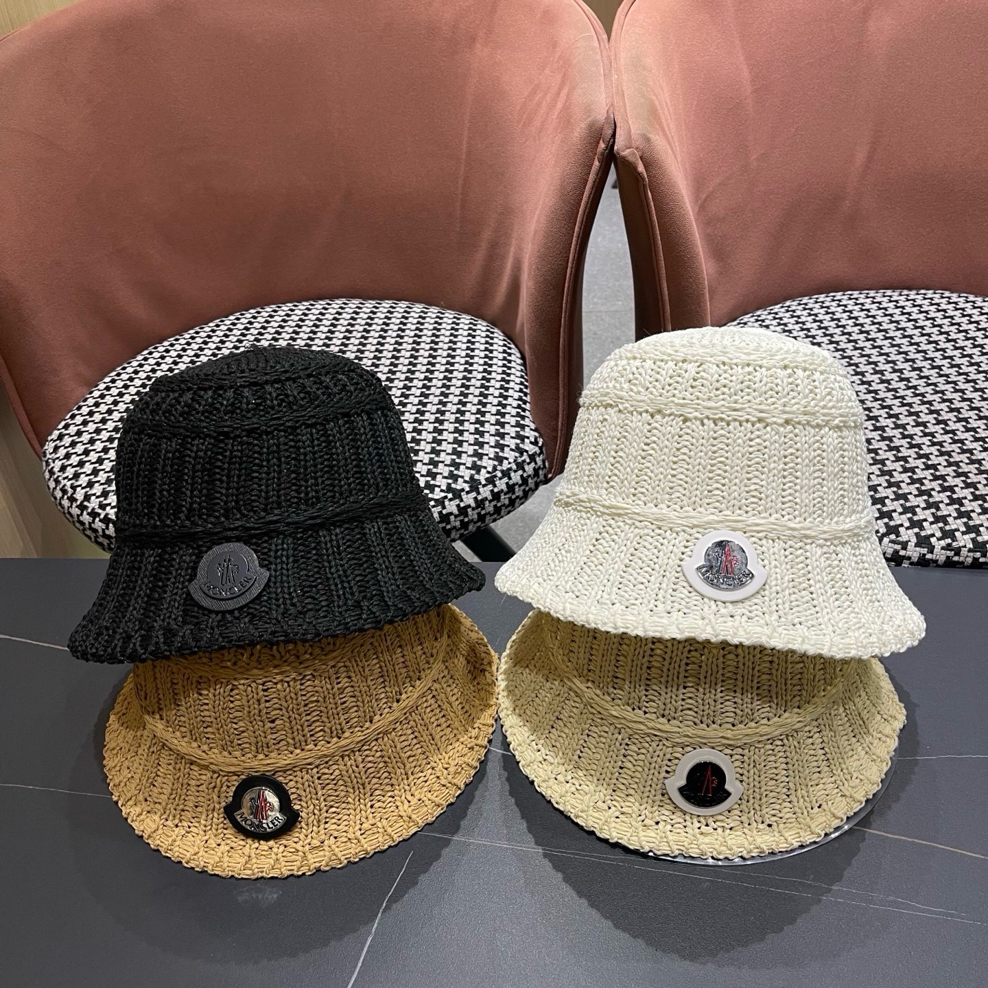 MONCLER（蒙口）夏日小清新草编渔夫帽女韩系镂空编织草帽海边遮阳水桶防晒帽子