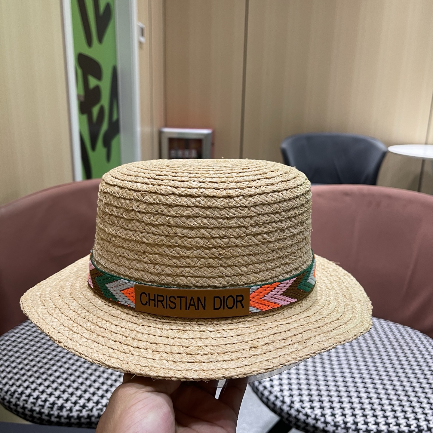 迪奥Dior 新款拉菲草混编平顶草帽女春夏英伦出游百搭海边遮阳帽防晒帽