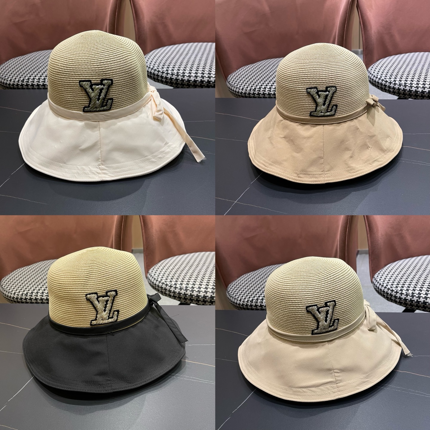 P Lv路易威登新款韩版蝴蝶结系带渔夫帽子女出游草编遮阳帽显脸小防晒盆帽