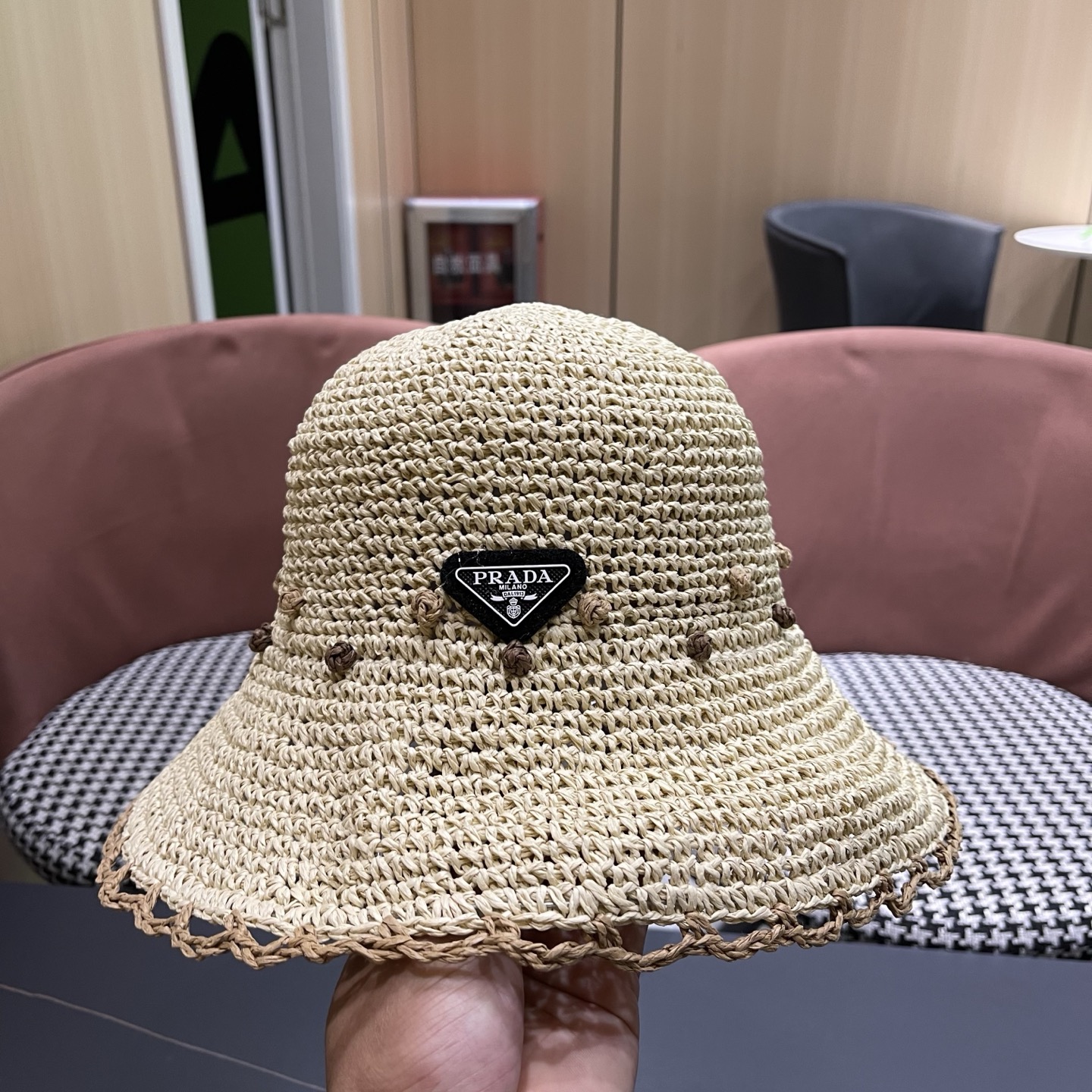 PRADA 普拉达朵澜大帽檐草编帽子女夏季海边度假遮阳防晒草帽户外显脸小渔夫帽