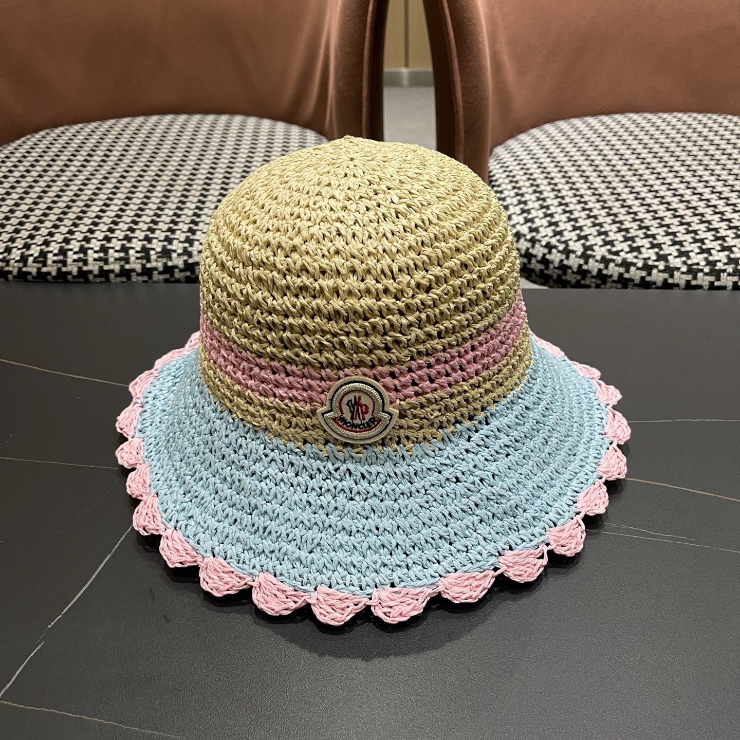 MONCLER（蒙口）夏季韩版沙滩出游撞色条纹遮阳渔夫帽女大檐圆顶显脸小防晒草帽潮