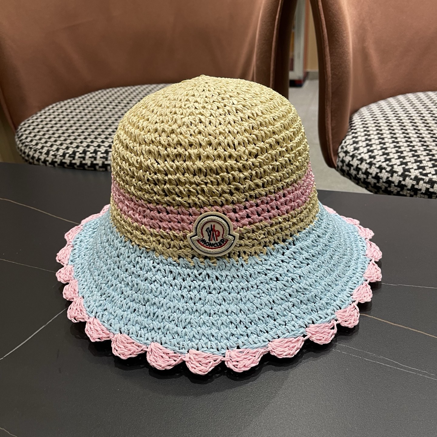 MONCLER（蒙口）夏季韩版沙滩出游撞色条纹遮阳渔夫帽女大檐圆顶显脸小防晒草帽潮