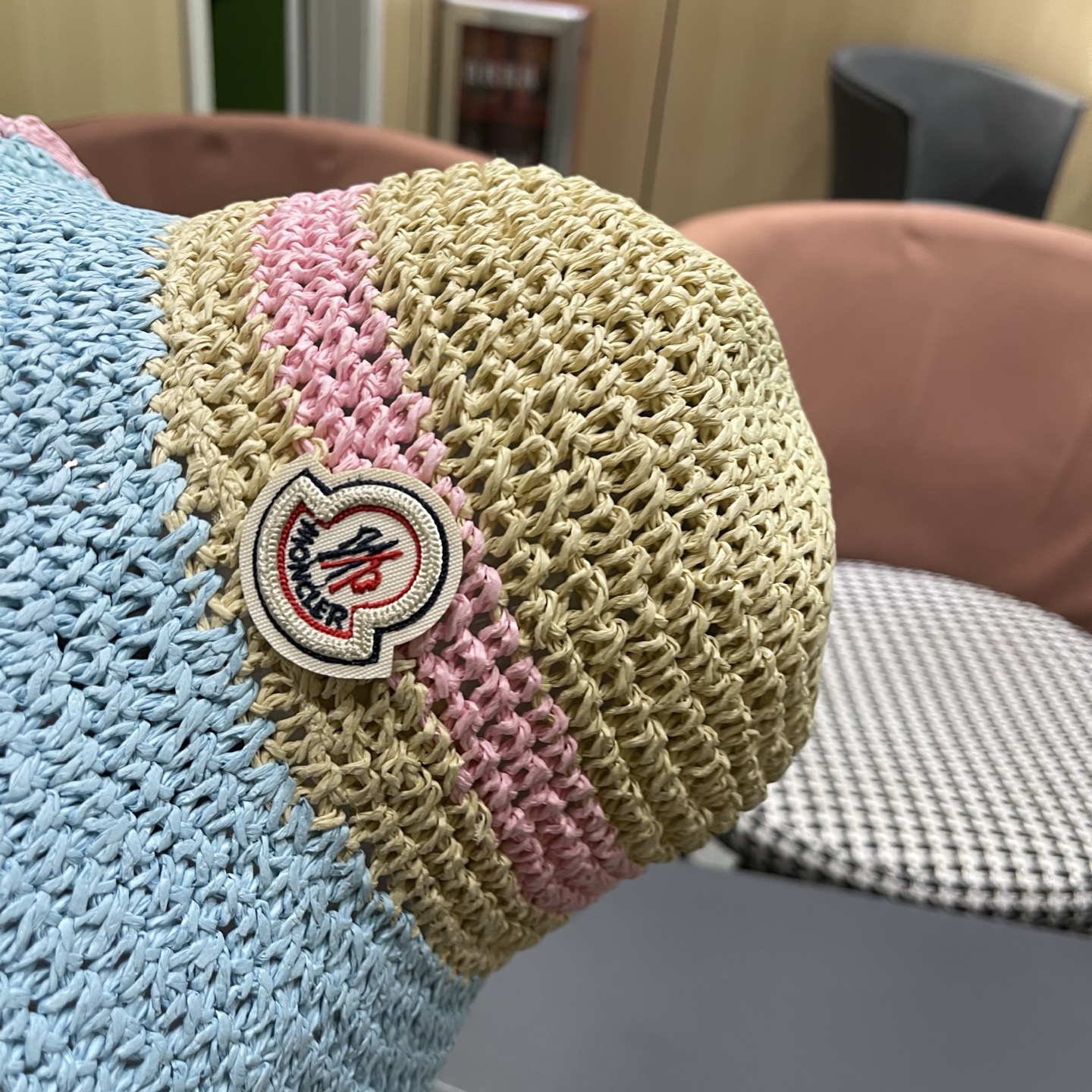 MONCLER（蒙口）夏季韩版沙滩出游撞色条纹遮阳渔夫帽女大檐圆顶显脸小防晒草帽潮