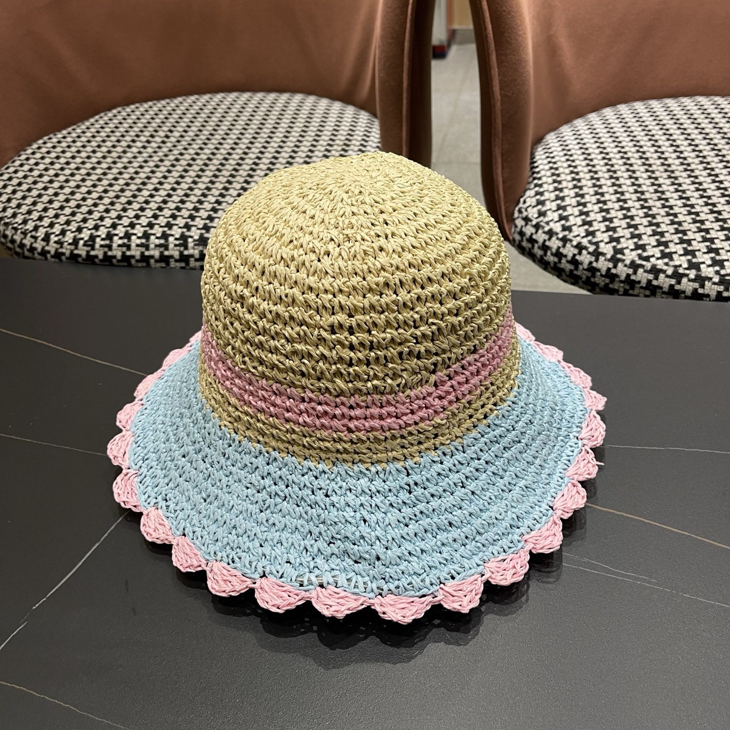 MONCLER（蒙口）夏季韩版沙滩出游撞色条纹遮阳渔夫帽女大檐圆顶显脸小防晒草帽潮