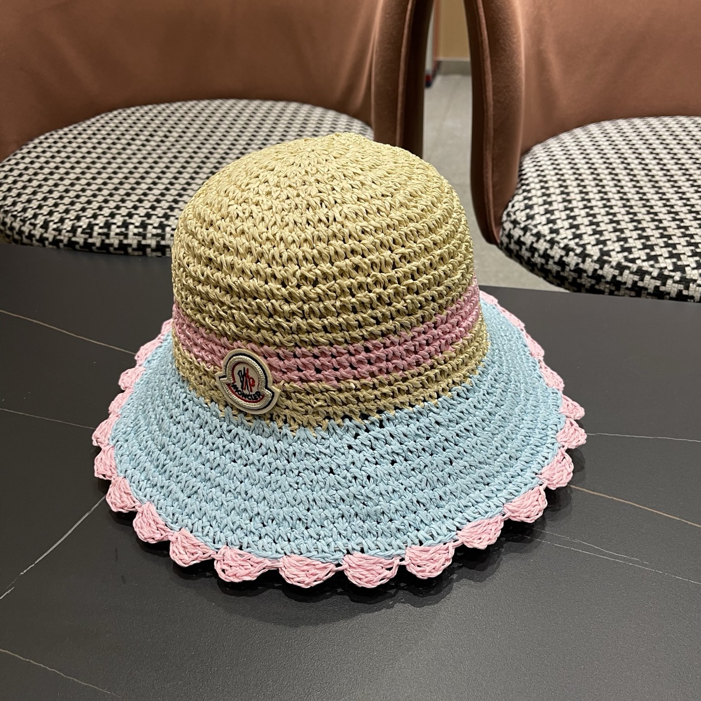MONCLER（蒙口）夏季韩版沙滩出游撞色条纹遮阳渔夫帽女大檐圆顶显脸小防晒草帽潮