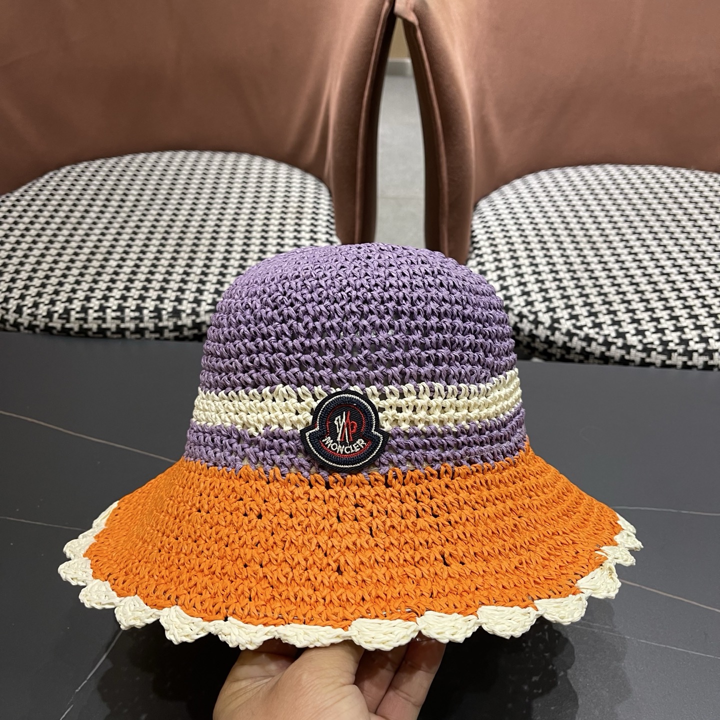 MONCLER（蒙口）夏季韩版沙滩出游撞色条纹遮阳渔夫帽女大檐圆顶显脸小防晒草帽潮