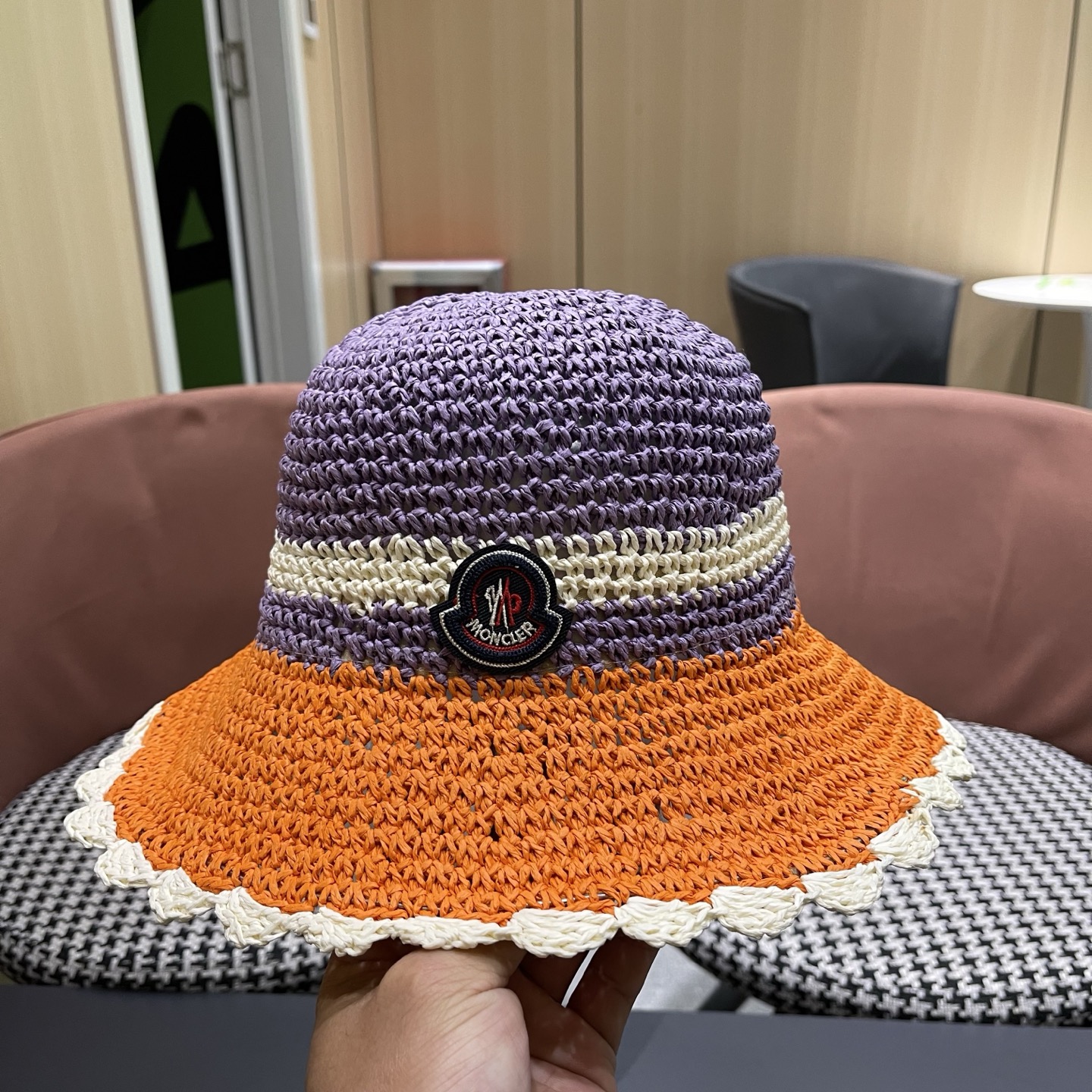 MONCLER（蒙口）夏季韩版沙滩出游撞色条纹遮阳渔夫帽女大檐圆顶显脸小防晒草帽潮