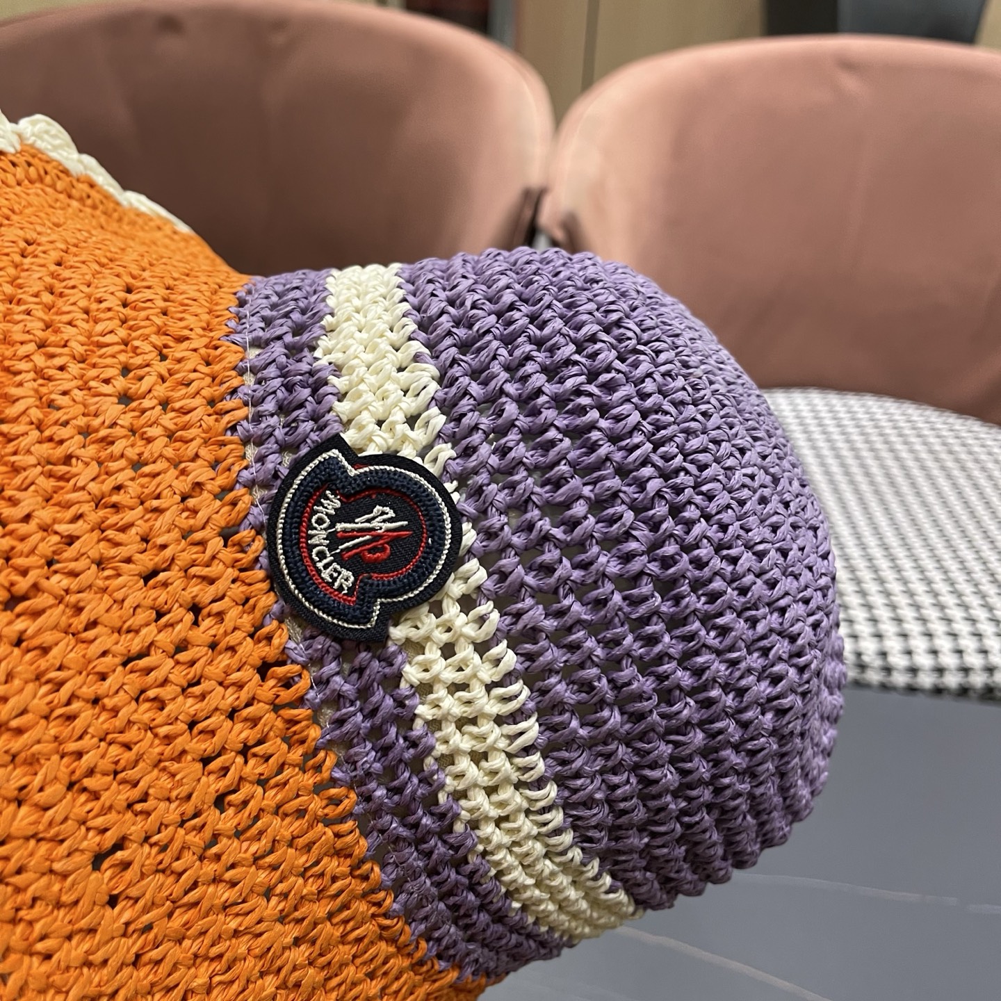 MONCLER（蒙口）夏季韩版沙滩出游撞色条纹遮阳渔夫帽女大檐圆顶显脸小防晒草帽潮