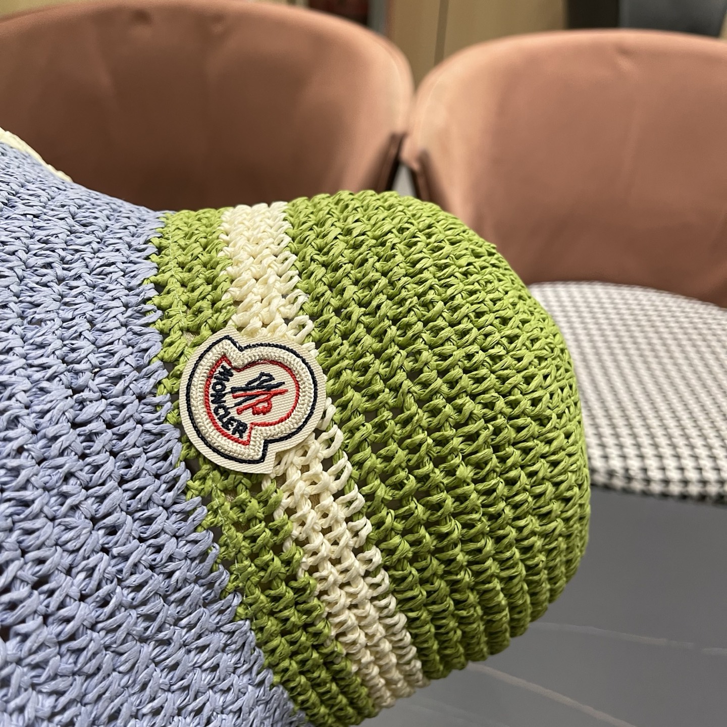 MONCLER（蒙口）夏季韩版沙滩出游撞色条纹遮阳渔夫帽女大檐圆顶显脸小防晒草帽潮