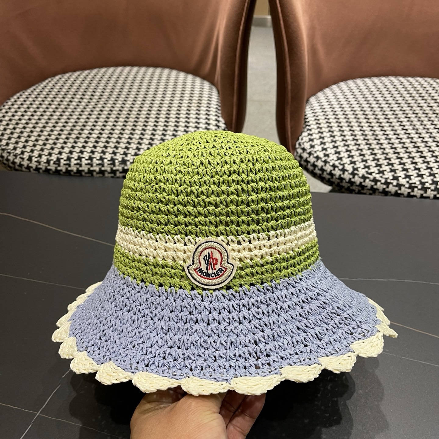 MONCLER（蒙口）夏季韩版沙滩出游撞色条纹遮阳渔夫帽女大檐圆顶显脸小防晒草帽潮